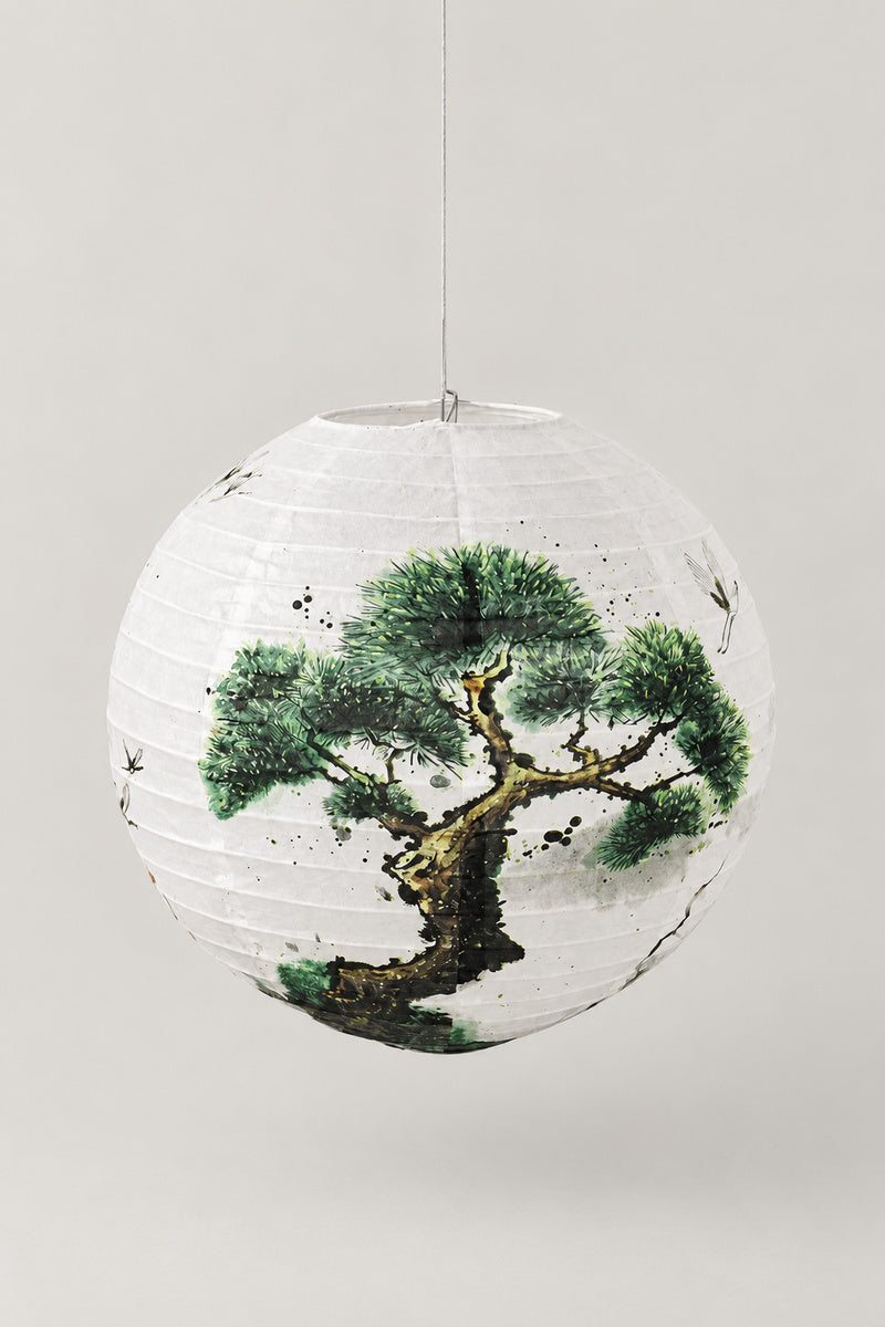 Japanese Paper Lantern 'Bonbori' – round white paper lantern printed with a pine tree in ink, hanging Japanese lantern shade, studio view