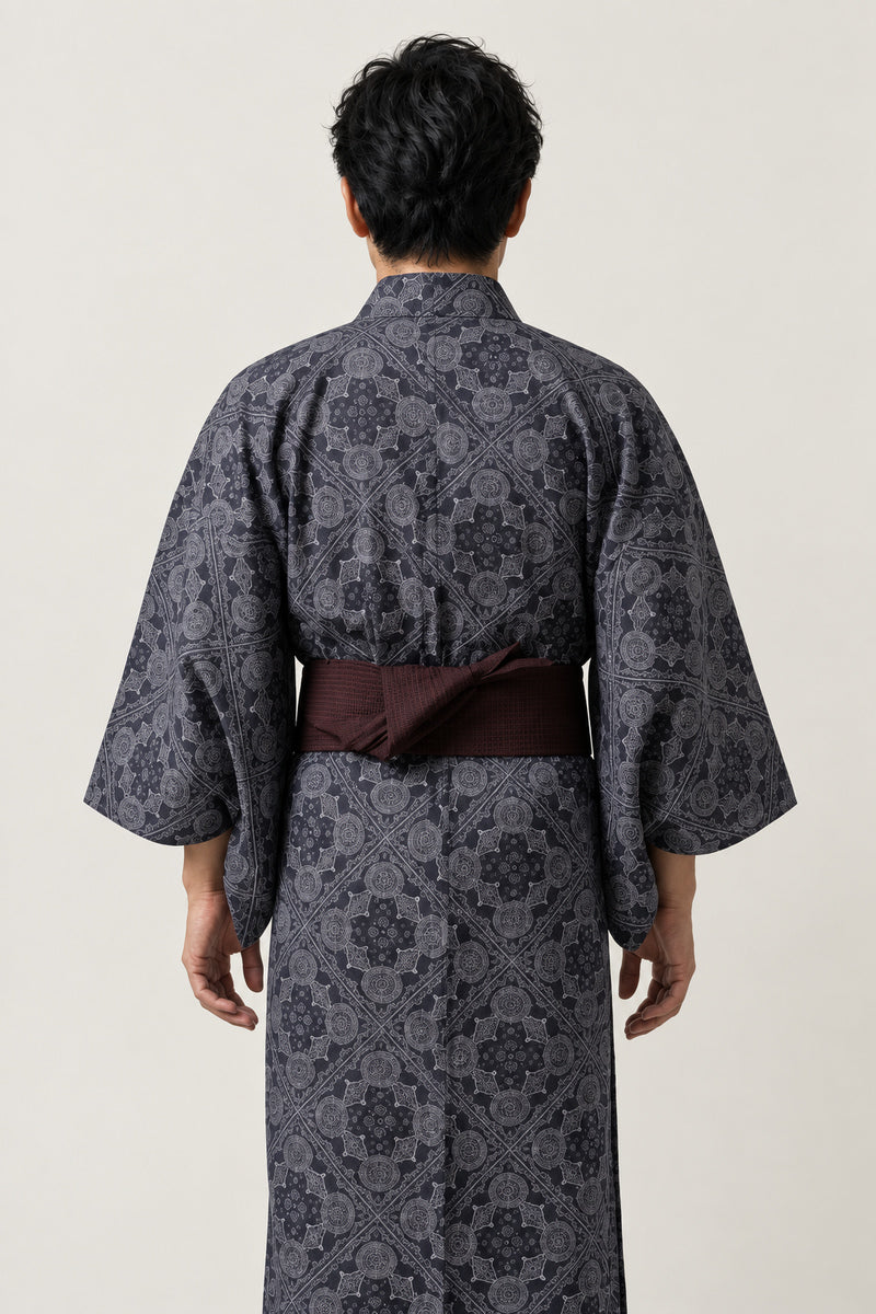 Japanese Pattern Kimono 'Kobana' – back view of charcoal Japanese pattern men's kimono with obi