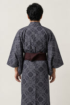 Japanese Pattern Kimono 'Kobana' – back view of charcoal Japanese pattern men's kimono with obi