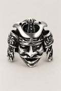 Japanese Samurai Ring 'Kabuto' – stainless steel samurai kabuto helmet ring with crest, mask and neck guards, Japanese samurai ring, studio view