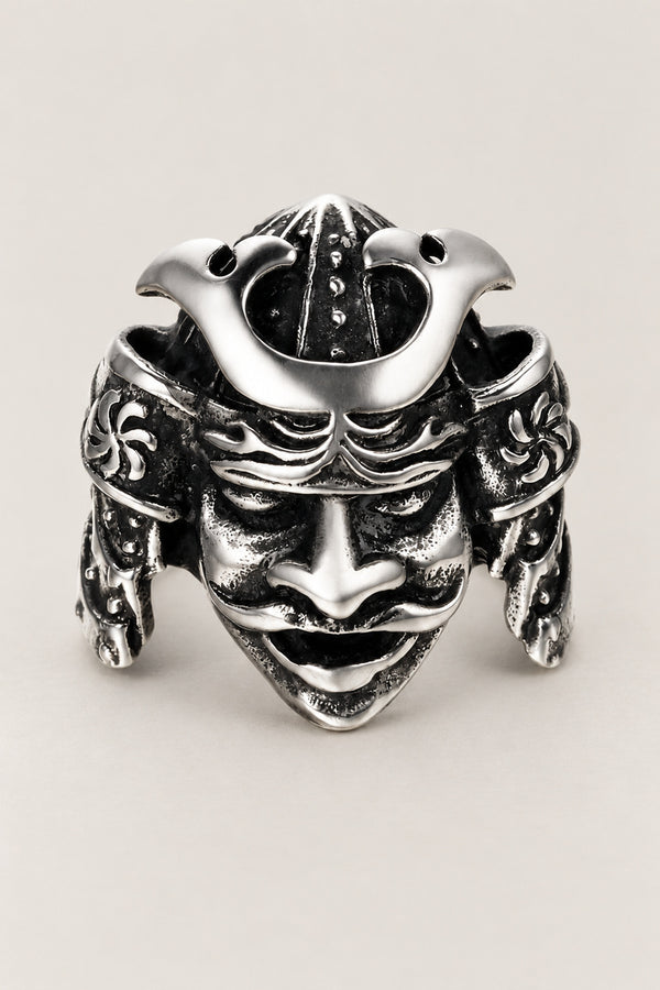 Japanese Samurai Ring 'Kabuto' – stainless steel samurai kabuto helmet ring with crest, mask and neck guards, Japanese samurai ring, studio view