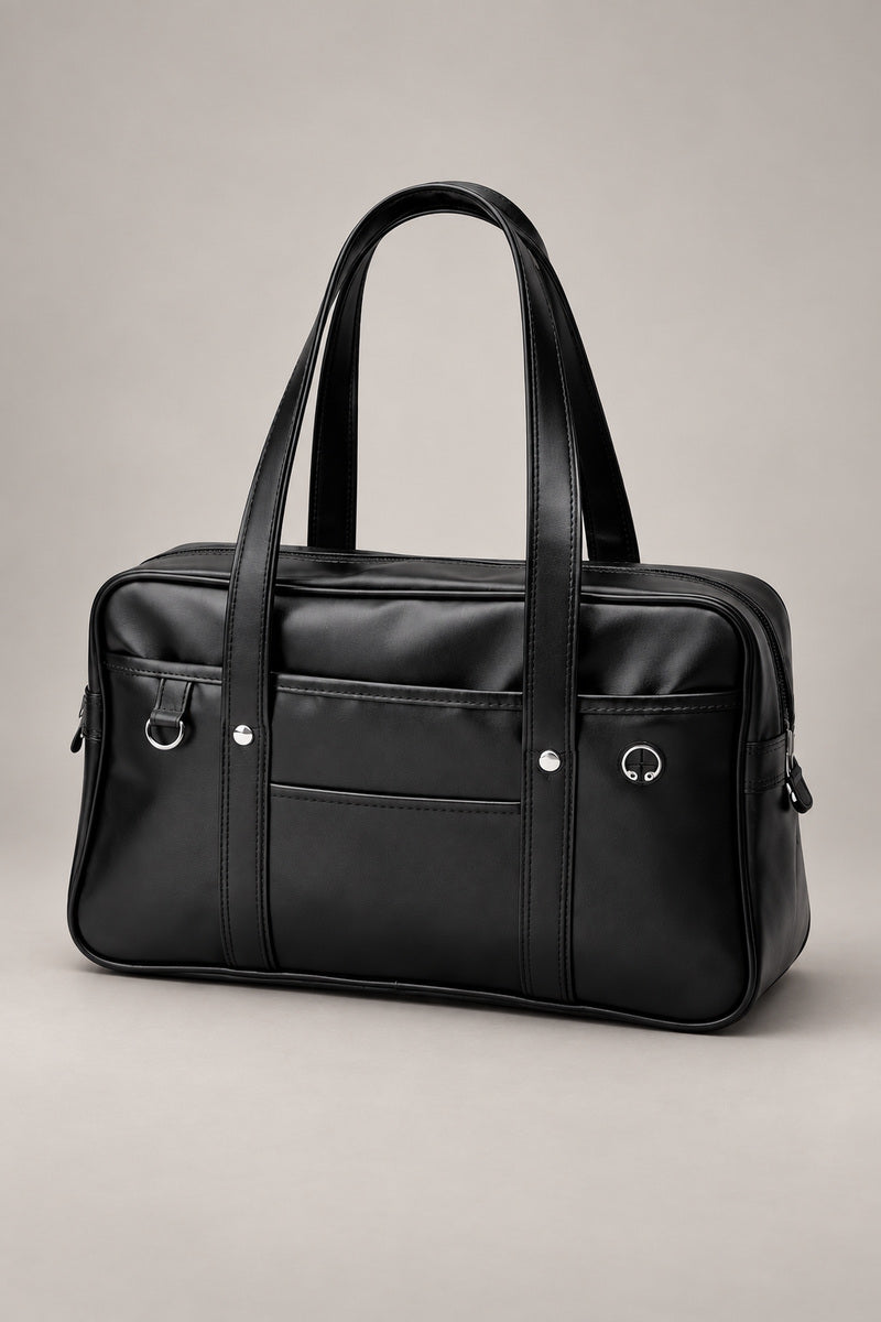 Japanese School Bag 'Tsugaku' – black faux leather Japanese school bag with double handles and side rings, classic student satchel, studio view