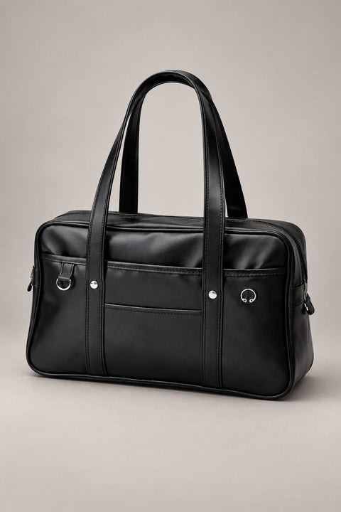 Japanese School Bag 'Tsugaku' – black faux leather Japanese school bag with double handles and side rings, classic student satchel, studio view