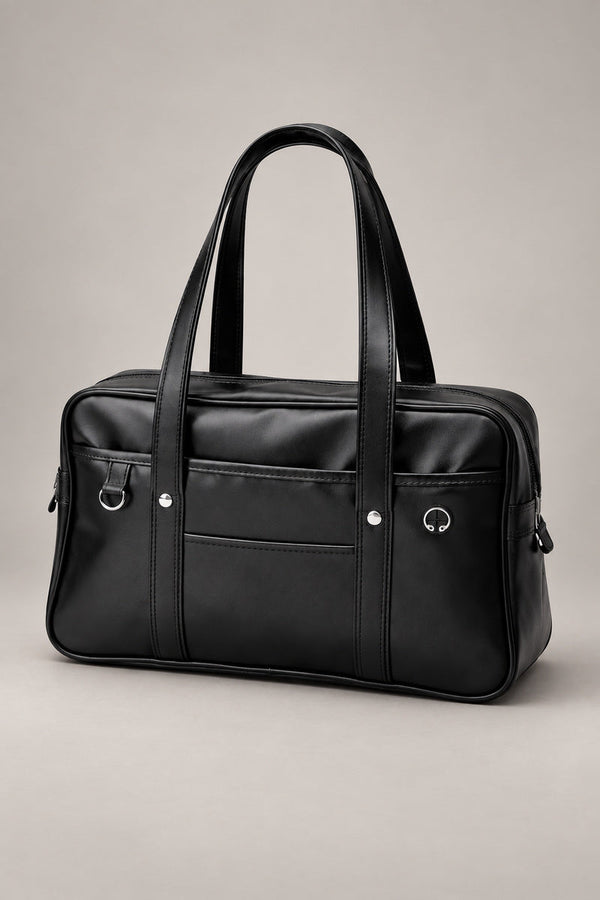 Japanese School Bag 'Tsugaku' – black faux leather Japanese school bag with double handles and side rings, classic student satchel, studio view