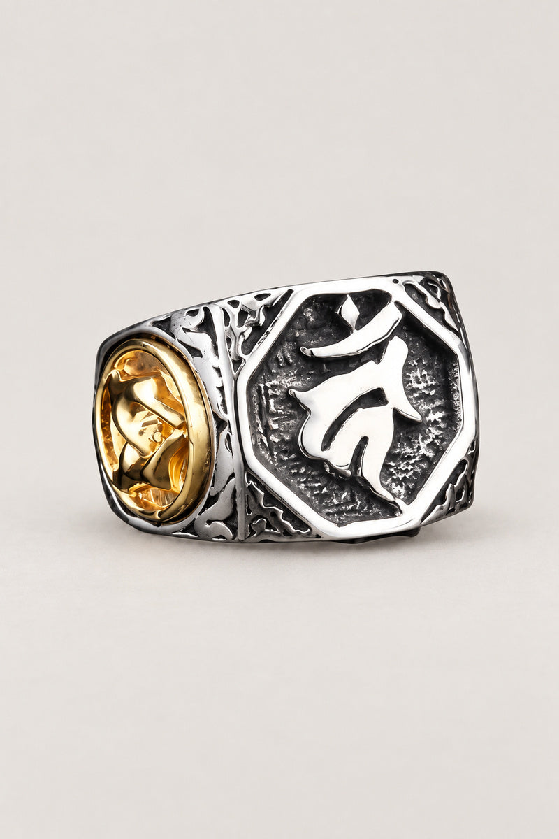 Japanese Signet Ring 'Shuji' – stainless steel signet ring with Sanskrit seed syllable on hexagonal dark face and gold seals, Japanese signet ring, studio view