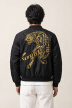 Japanese Tiger Bomber Jacket 'Kinko' – back view of the black version, large gold embroidered tiger on the back