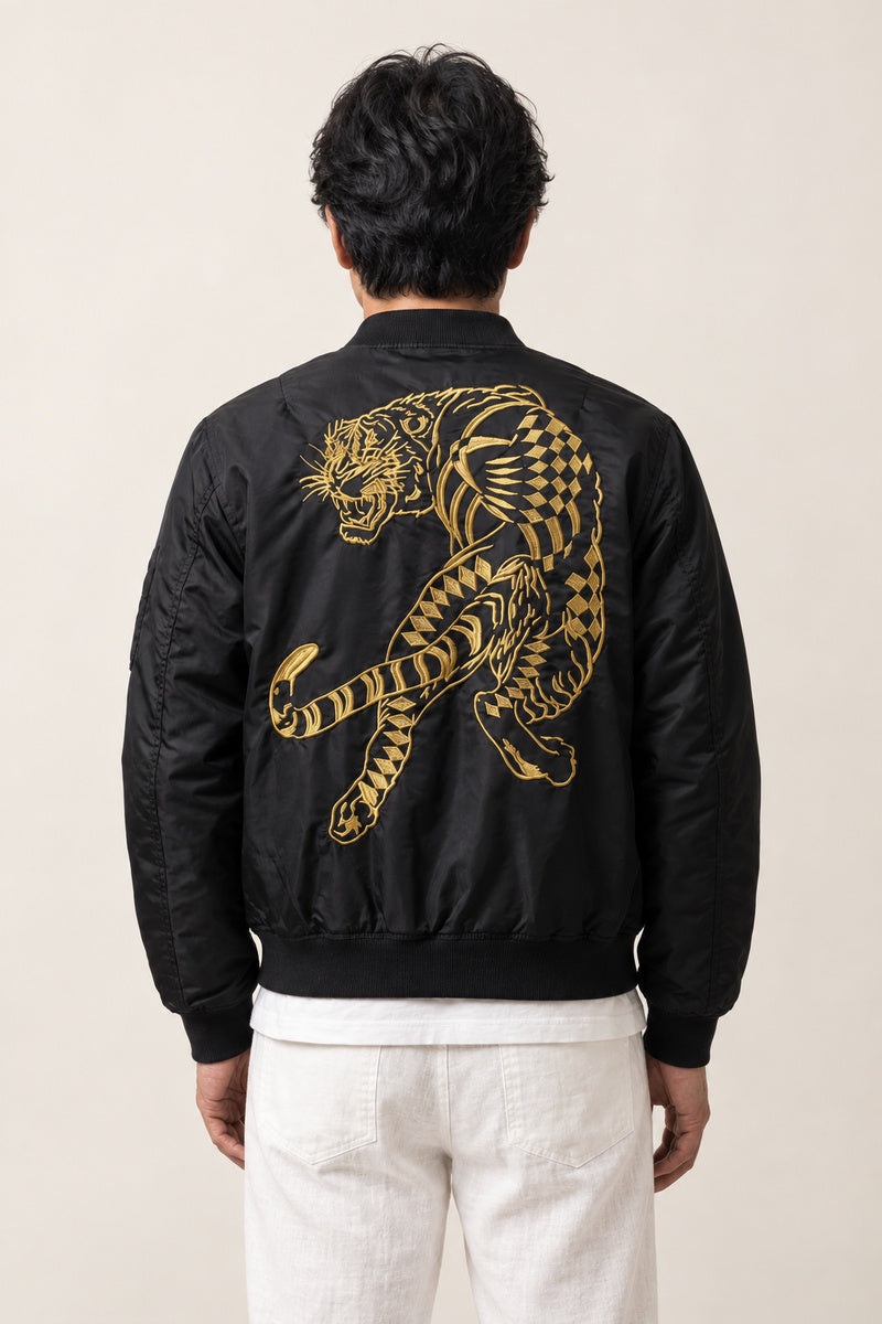 Japanese Tiger Bomber Jacket 'Kinko' – back view of the black version, large gold embroidered tiger on the back