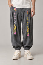 Kanji Band Wide Workwear Pants 'Daiku' – grey kanji band wide workwear pants, front view on model