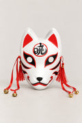 Kanji Kitsune Mask 'Akatsuki' – white kitsune fox mask with a kanji character in a red circle on the brow, red tassels and bells, Japanese kitsune festival mask, studio view
