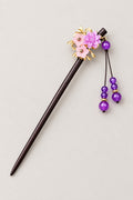 Kanzashi – dark wooden kanzashi hair stick with purple flower, gold leaves and bead tassel, Japanese hair ornament, studio view