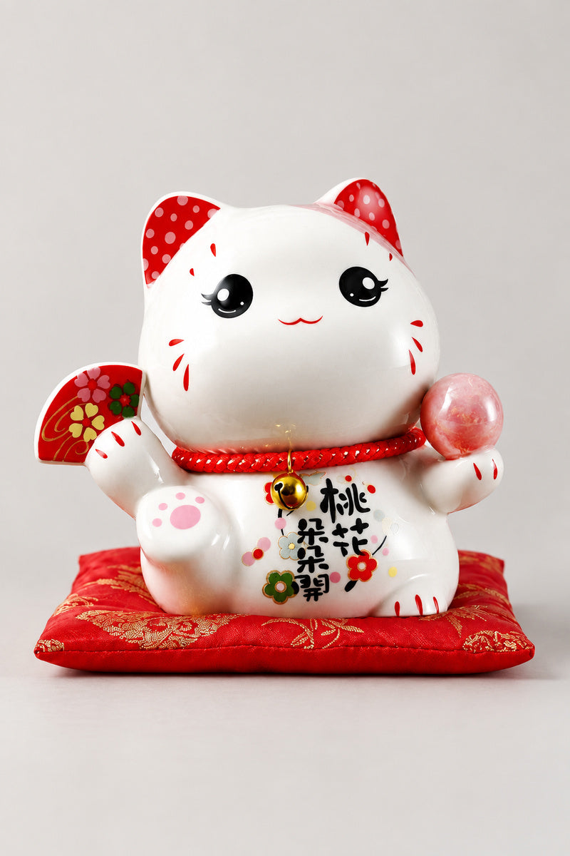 Kawaii Maneki Neko Piggy Bank 'Tamaneko' – round-eyed white ceramic lucky cat piggy bank holding a red fan and pink ball, Japanese maneki neko lucky cat figurine on a red brocade cushion, studio view
