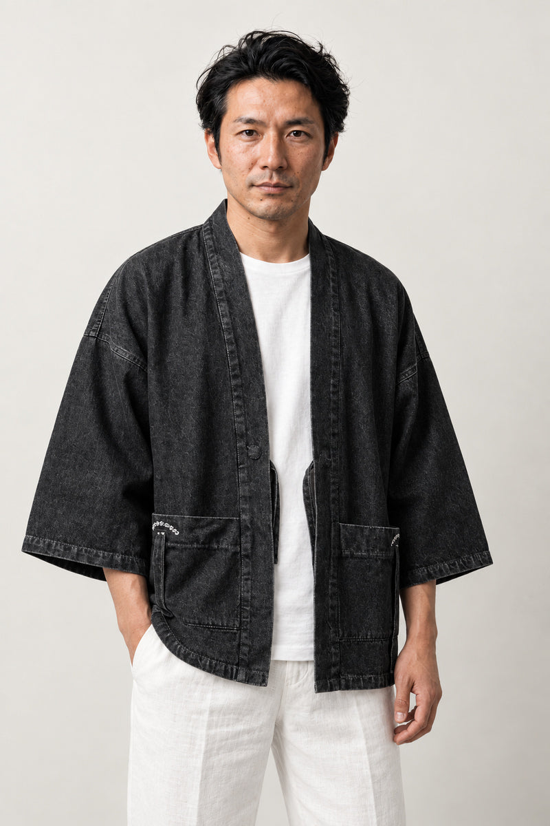Kimono Cut Black Denim Jacket 'Sumizome' – black denim kimono jacket with patch pocket, Japanese kimono cut jean jacket, unisex haori style, front view on model