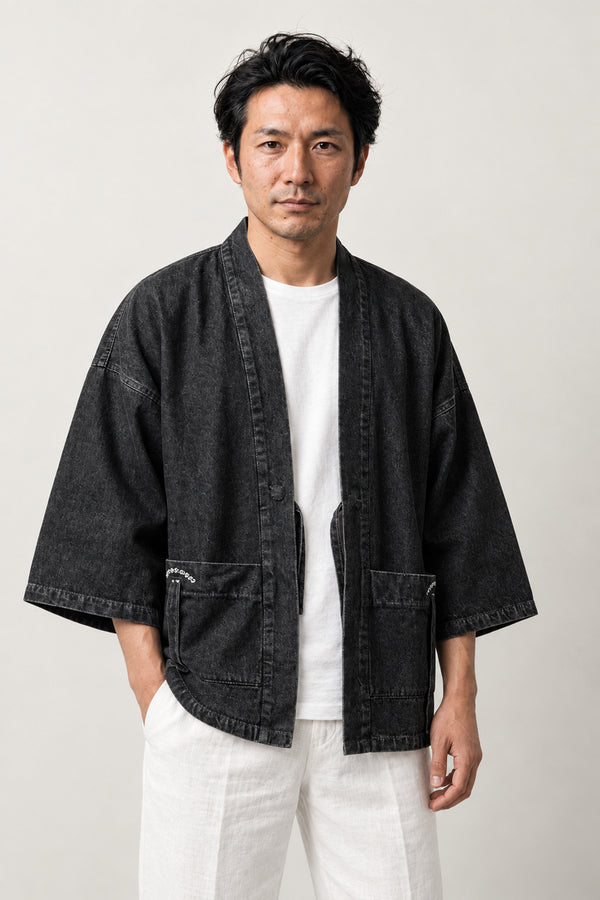 Kimono Cut Black Denim Jacket 'Sumizome' – black denim kimono jacket with patch pocket, Japanese kimono cut jean jacket, unisex haori style, front view on model