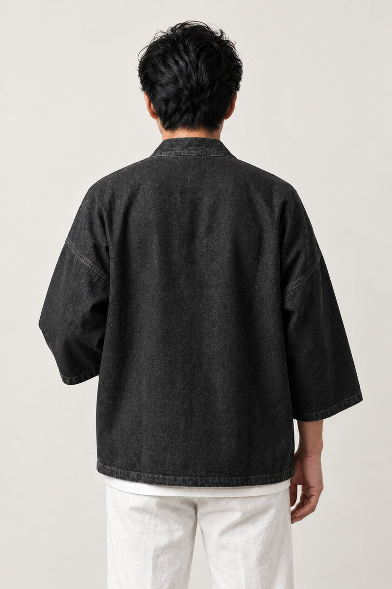 Kimono Cut Black Denim Jacket 'Sumizome' – back view of black denim kimono cut jacket, Japanese streetwear denim haori