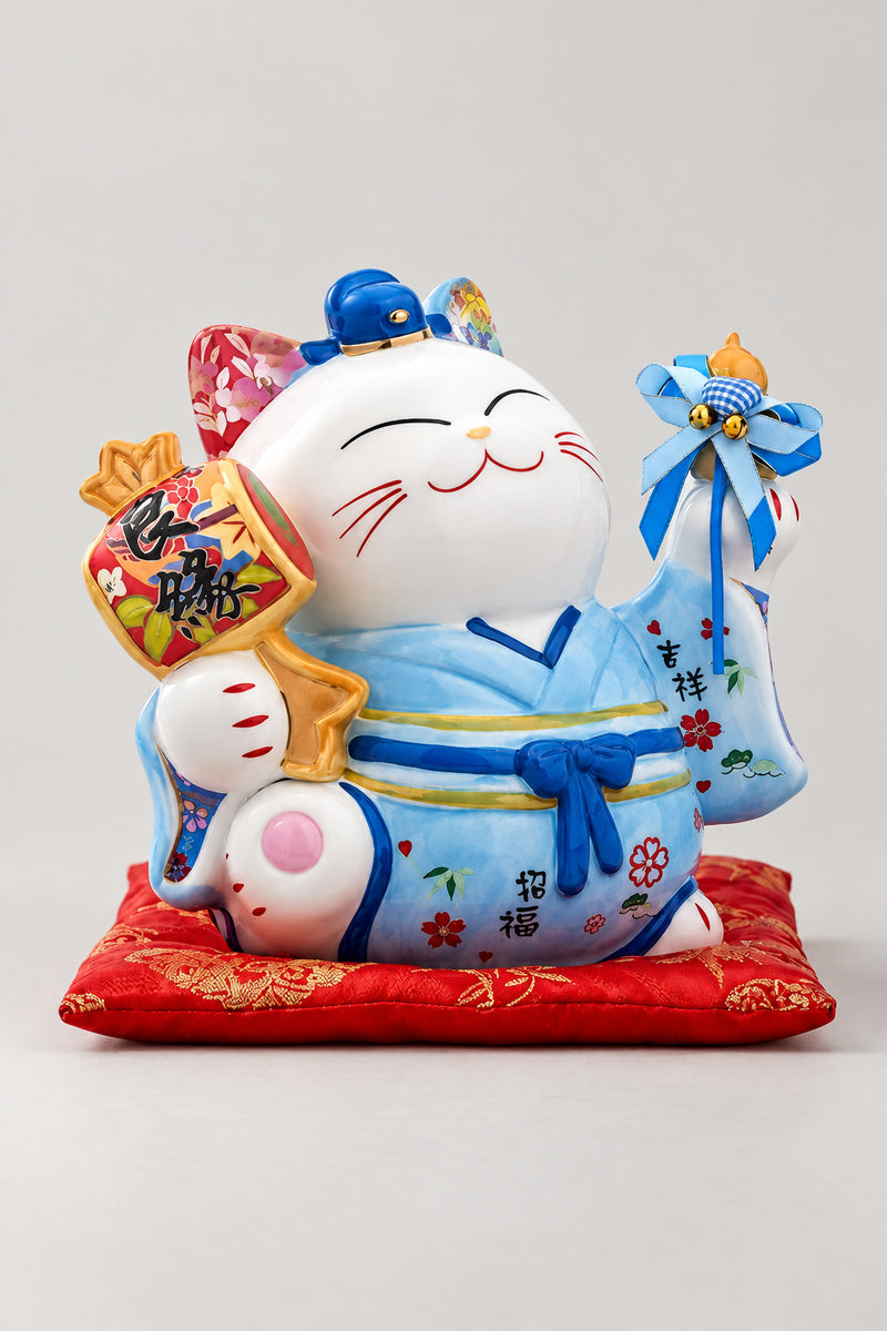 Kimono Maneki Neko Money Box 'Kimononeko' – ceramic lucky cat money box in a painted blue kimono and hat holding a fan and bell charm, Japanese maneki neko lucky cat figurine on a red brocade cushion, studio view