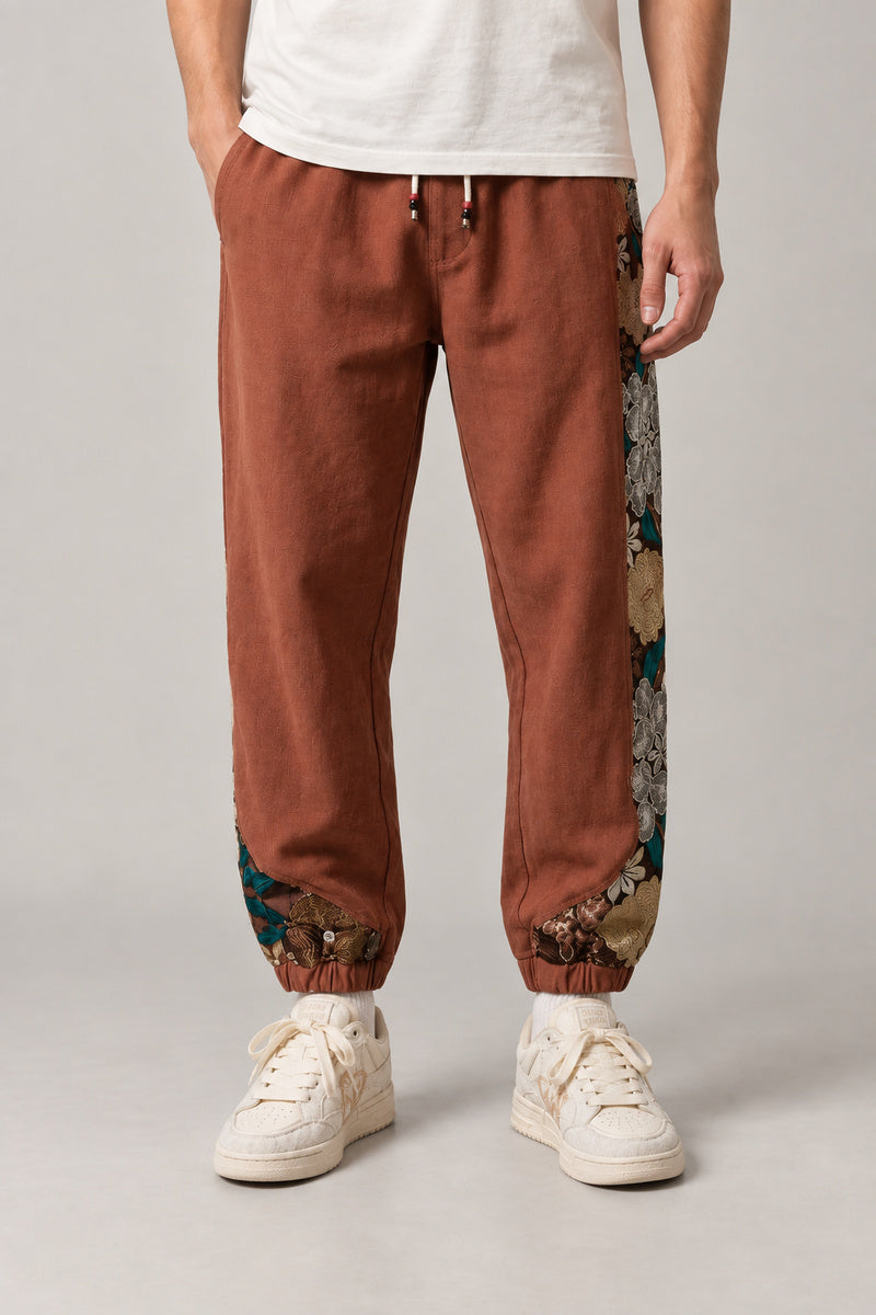 Kimono Panel Floral Joggers 'Hanaobi' – rust kimono panel floral joggers, front view on model