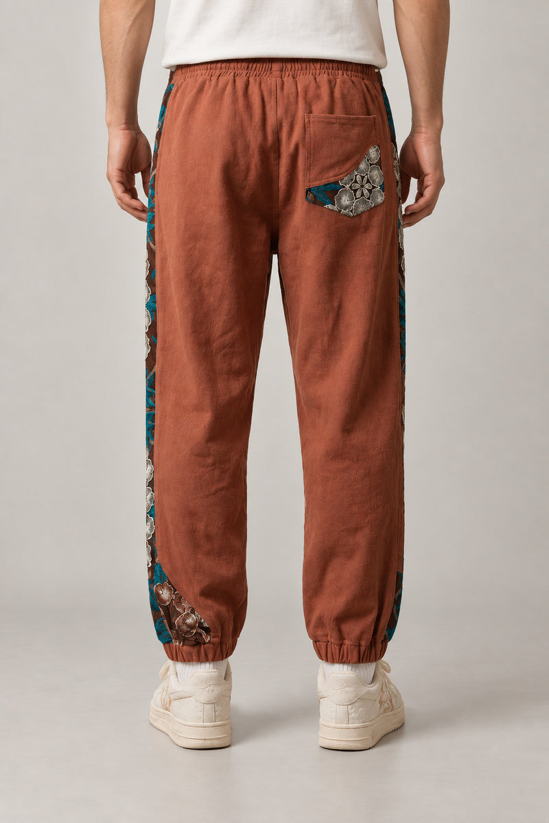Kimono Panel Floral Joggers 'Hanaobi' – back view of the rust kimono panel floral joggers
