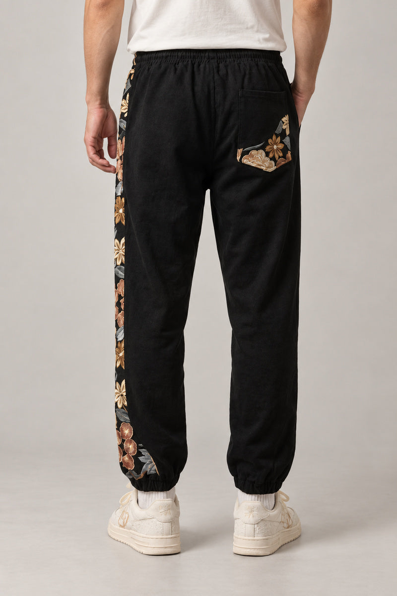 Kimono Panel Floral Joggers 'Hanaobi' – back view of the black kimono panel floral joggers
