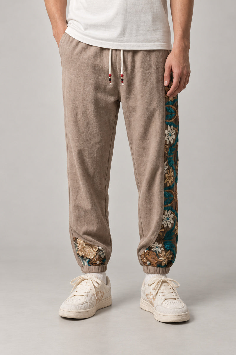 Kimono Panel Floral Joggers 'Hanaobi' – beige kimono panel floral joggers, front view on model