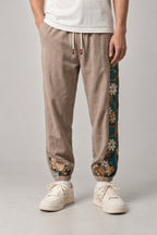 Kimono Panel Floral Joggers 'Hanaobi' – beige kimono panel floral joggers, front view on model