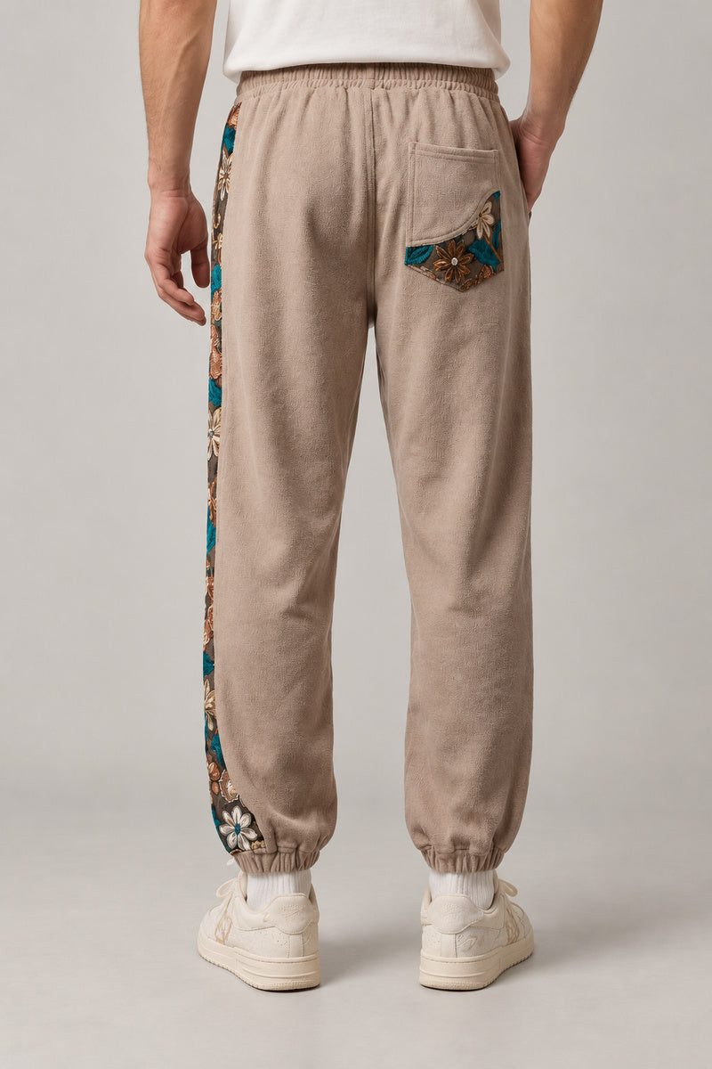 Kimono Panel Floral Joggers 'Hanaobi' – back view of the beige kimono panel floral joggers