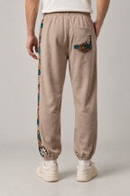 Kimono Panel Floral Joggers 'Hanaobi' – back view of the beige kimono panel floral joggers