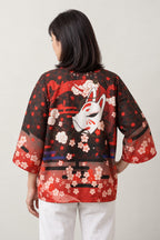 Kitsune Fox Kimono Jacket 'Shirogitsune' – back view of red kimono jacket showing the kitsune fox mask and sakura print