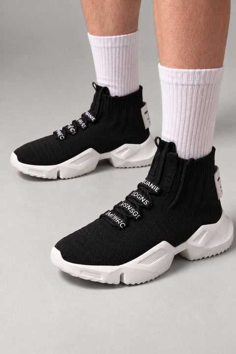 Knit Sock High Top Sneakers 'Ashinuki' – black knit sock high top sneakers with chunky sole, Japanese streetwear sneakers worn with white socks, on model