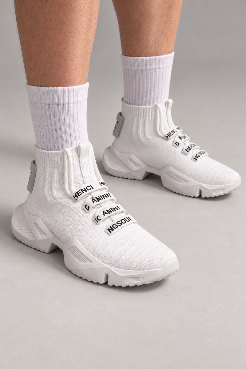 Knit Sock High Top Sneakers 'Ashinuki' – white version of the knit sock high top sneakers, Japanese streetwear sneakers worn with white socks, on model
