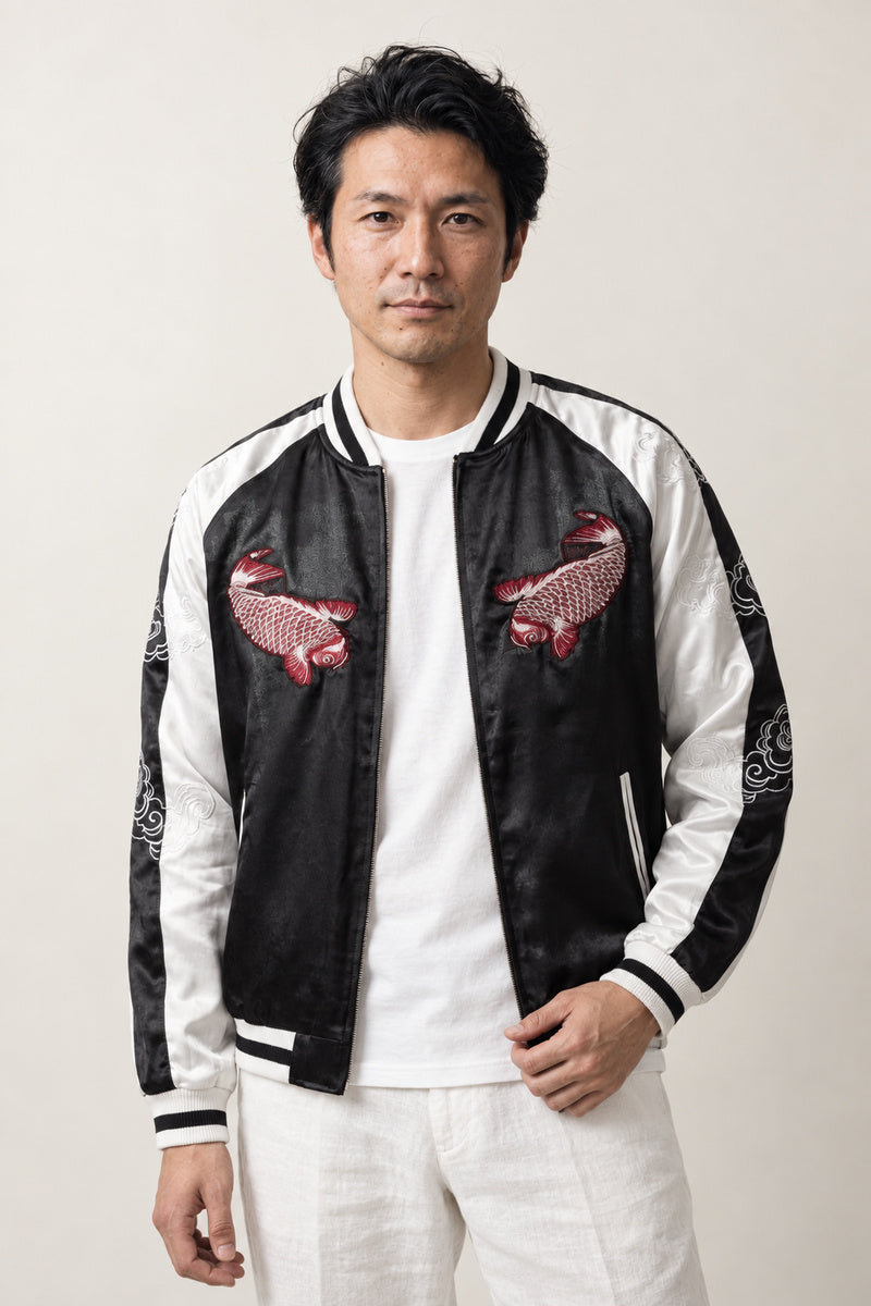Koi and Wave Sukajan 'Namigashira' – black and cream sukajan with embroidered koi carp, Japanese sukajan souvenir bomber jacket, front view on model