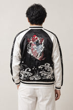 Koi and Wave Sukajan 'Namigashira' – back view of black and cream sukajan showing embroidered koi carp over waves