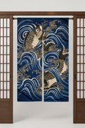 Koi Carp Noren Curtain 'Nishikigoi' – navy noren with two koi carp climbing a waterfall in gold and cream, split Japanese noren door curtain hung on a rod between sliding screens, studio view