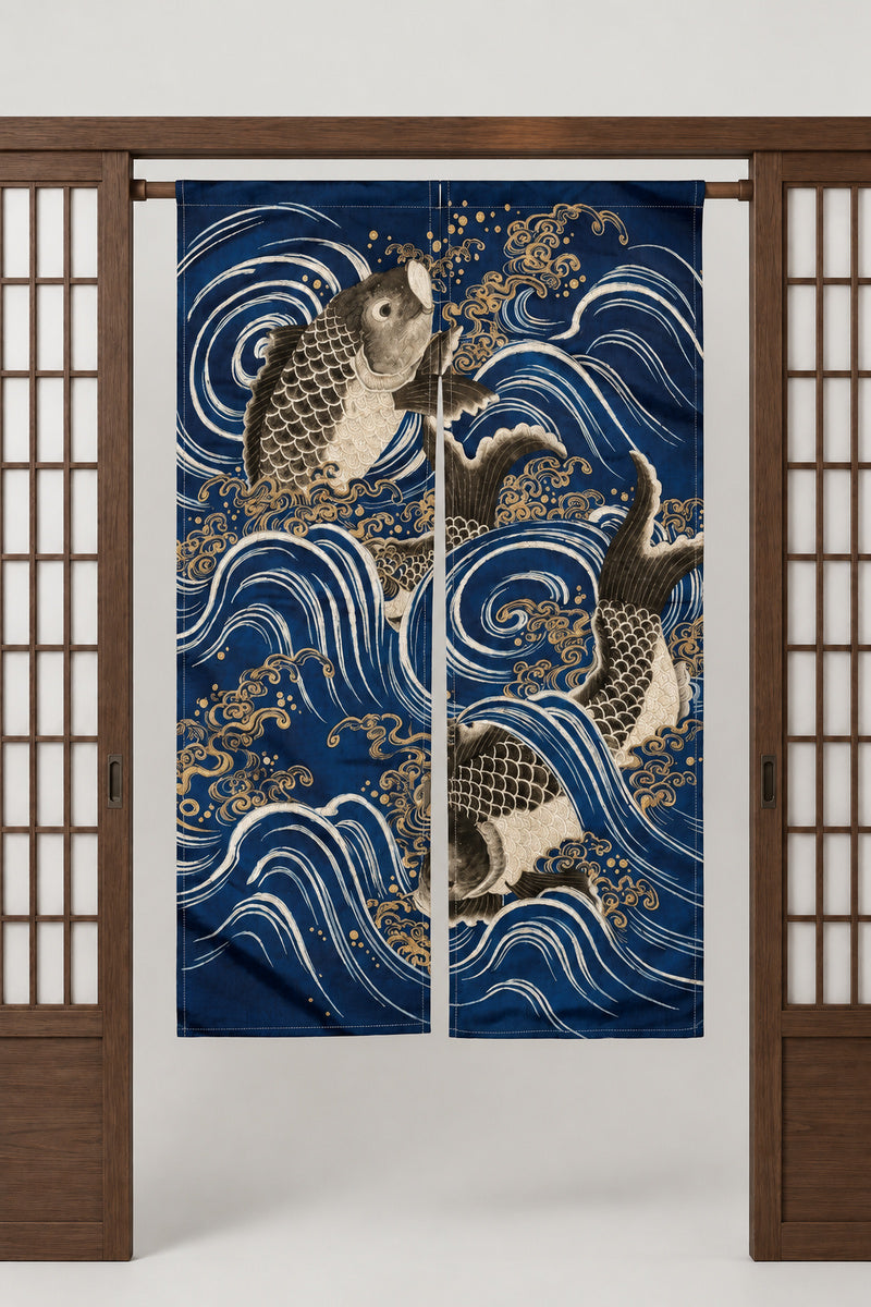 Koi Carp Noren Curtain 'Nishikigoi' – navy noren with two koi carp climbing a waterfall in gold and cream, split Japanese noren door curtain hung on a rod between sliding screens, studio view