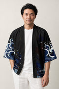Koi Cosplay Haori Jacket 'Hoshizora' – black haori jacket with koi carp, waves and starry sky print, unisex Japanese kimono style cardigan, front view on model