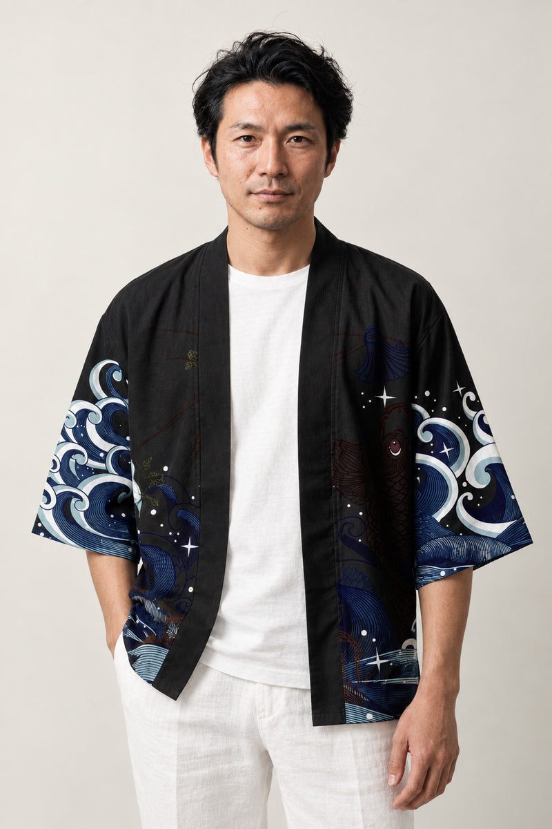 Koi Cosplay Haori Jacket 'Hoshizora' – black haori jacket with koi carp, waves and starry sky print, unisex Japanese kimono style cardigan, front view on model