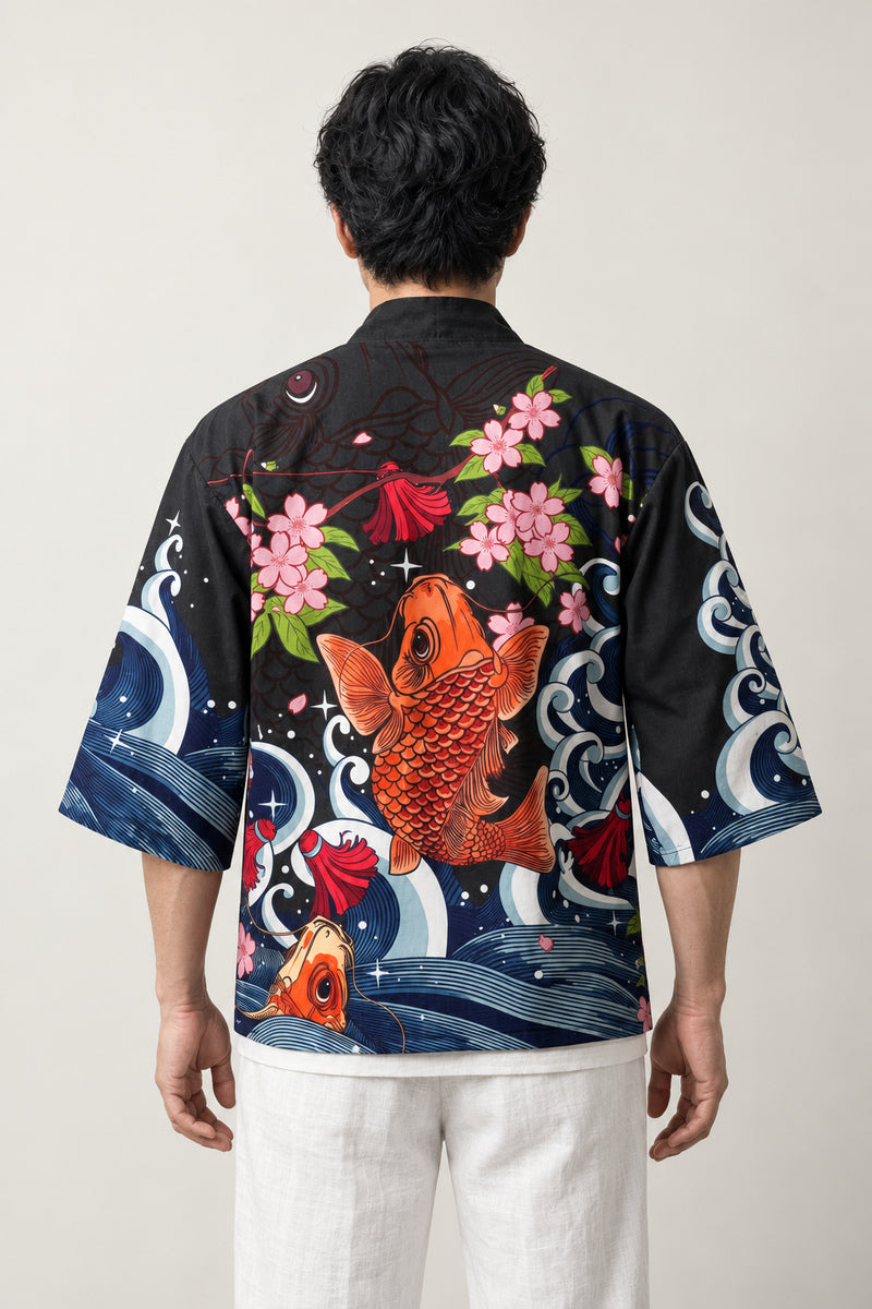 Koi Cosplay Haori Jacket 'Hoshizora' – back view of black haori showing red koi fish, cherry blossom and waves print
