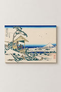 Koishikawa Snow Morning Poster 'Yukinoashita' – Snowy Morning at Koishikawa, tea house on a white hill from Hokusai's Thirty-six Views of Mount Fuji, ukiyo-e canvas print on wooden frame, Japanese wall art, studio view