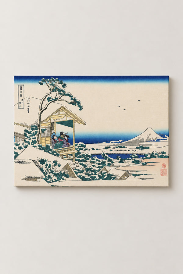 Koishikawa Snow Morning Poster 'Yukinoashita' – Snowy Morning at Koishikawa, tea house on a white hill from Hokusai's Thirty-six Views of Mount Fuji, ukiyo-e canvas print on wooden frame, Japanese wall art, studio view