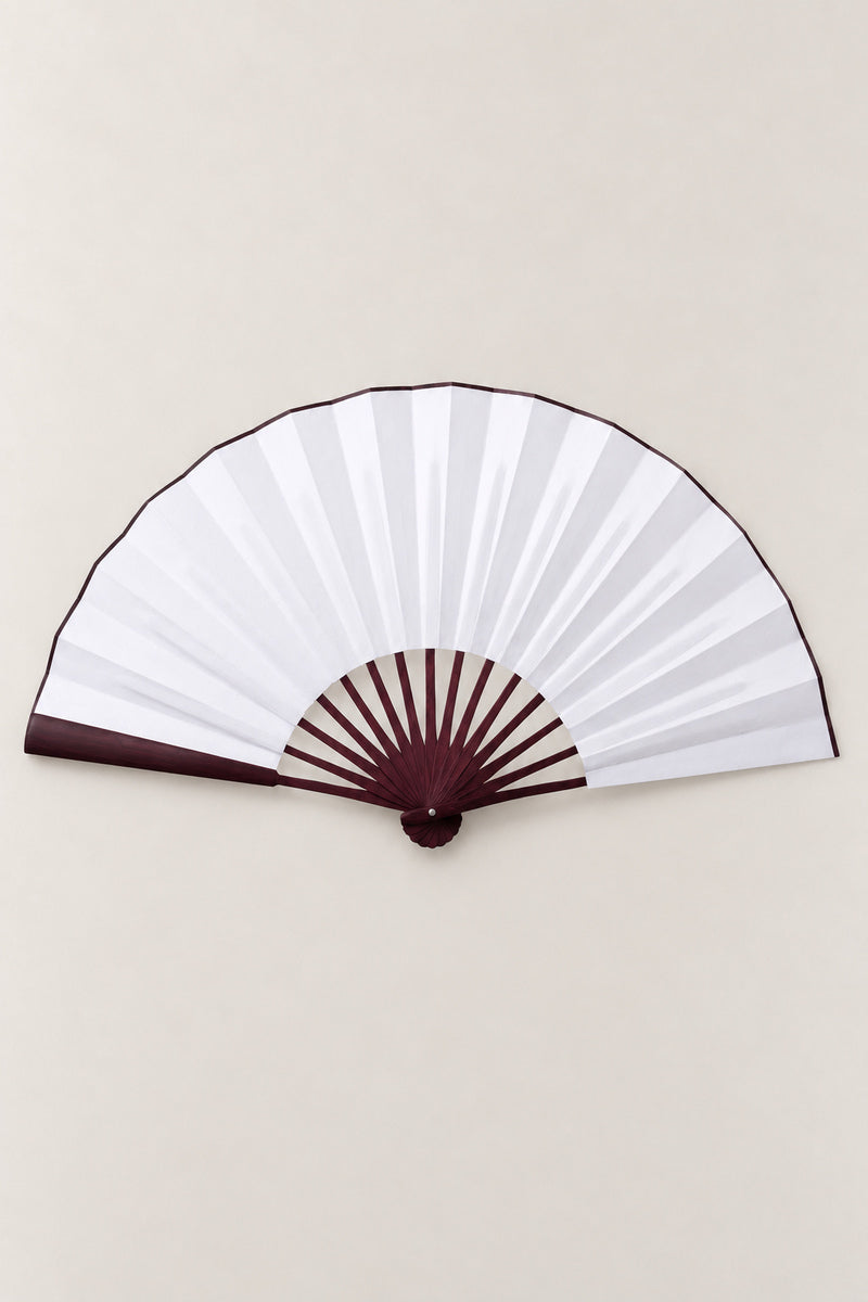 Large Japanese Fan 'Ogi' – large plain white folding fan on dark lacquered bamboo ribs, Japanese dance fan, open, studio view