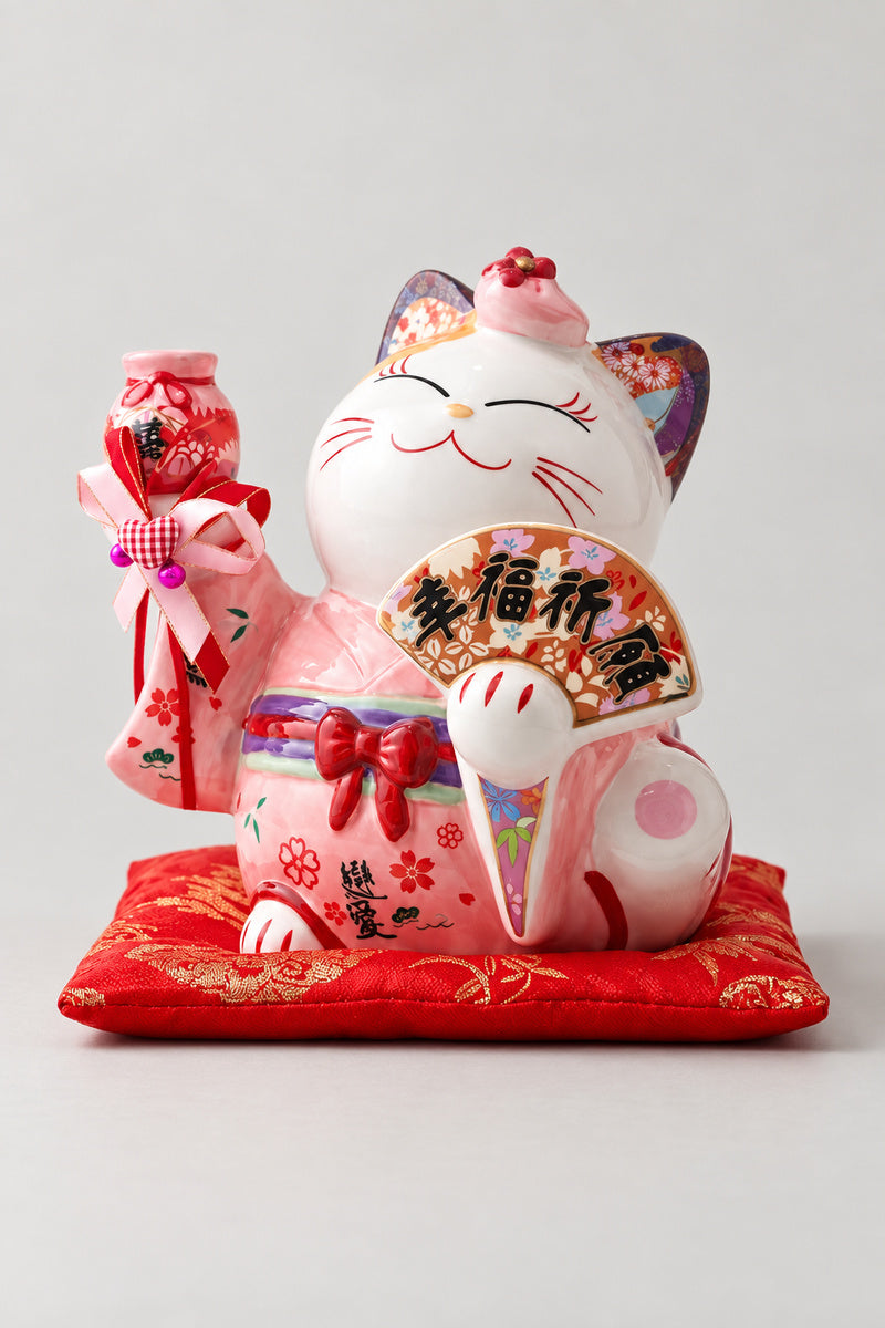 Large Pink Maneki Neko Statue 'Ooneko' – large ceramic lucky cat statue in a painted pink kimono with red bow holding a fan and bell charm, Japanese maneki neko lucky cat figurine on a red brocade cushion, studio view