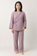 Lavender Crinkle Pyjama Set 'Fujigasumi' – lavender purple women's crinkle gauze pyjama set with side-tie wrap top, Japanese style loungewear, front view on model