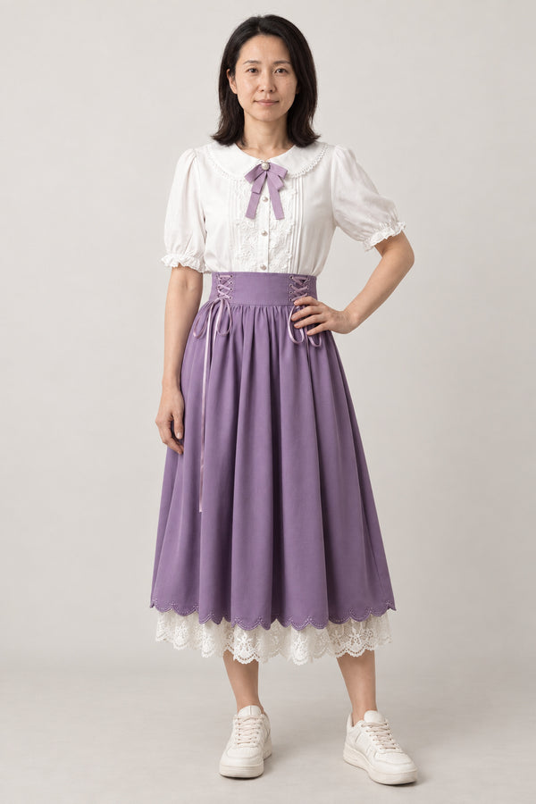 Lavender Kawaii Two-Piece 'Usufuji' – white puff sleeve blouse with ribbon and lavender purple high-waist skirt with lace hem, kawaii Japanese style two-piece, front view on model