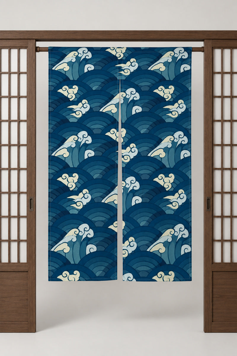 Layered Wave Seigaiha Noren 'Kasanenami' – blue noren with seigaiha pattern in layered blues and cream crests, split Japanese noren door curtain hung on a rod between sliding screens, studio view