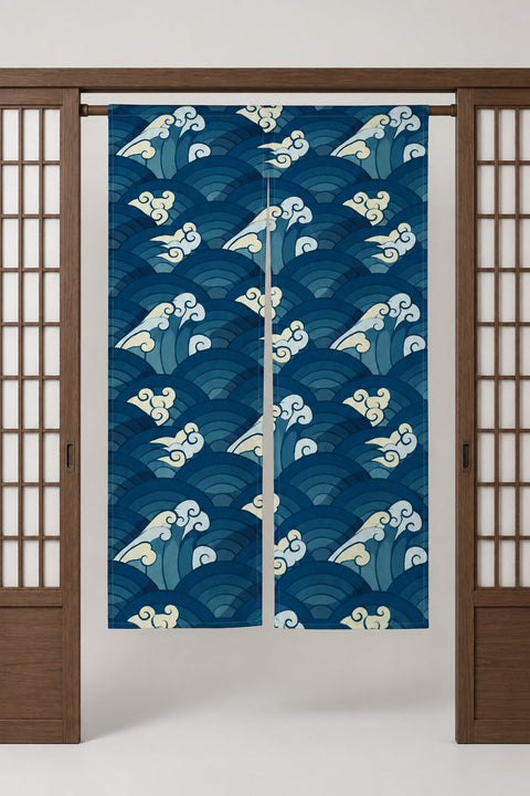 Layered Wave Seigaiha Noren 'Kasanenami' – blue noren with seigaiha pattern in layered blues and cream crests, split Japanese noren door curtain hung on a rod between sliding screens, studio view