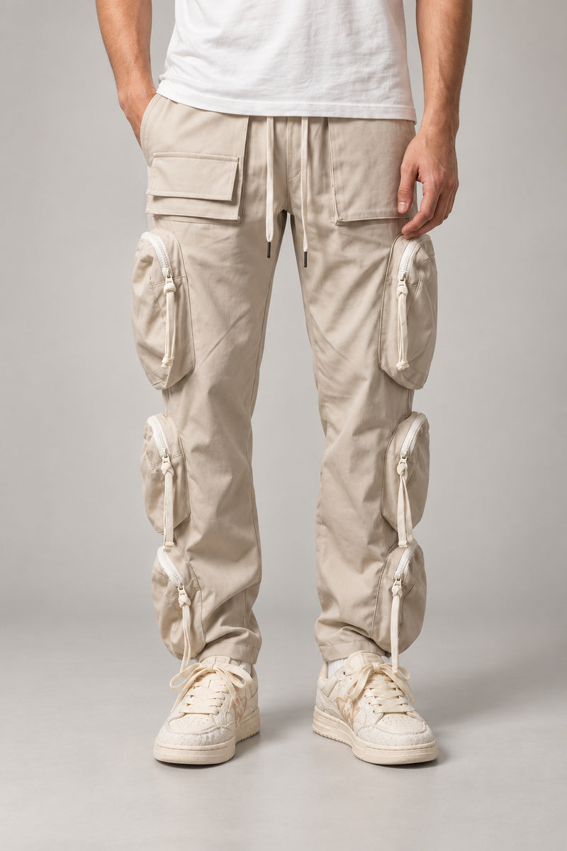 Light Beige Cargo Trousers 'Sunahama' – light beige multi-pocket cargo trousers, Japanese streetwear trousers, front view on model