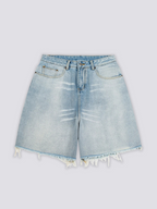Light Wash Cut Off Denim Shorts 'Kirippa' – flat lay front view of the light wash cut off denim shorts
