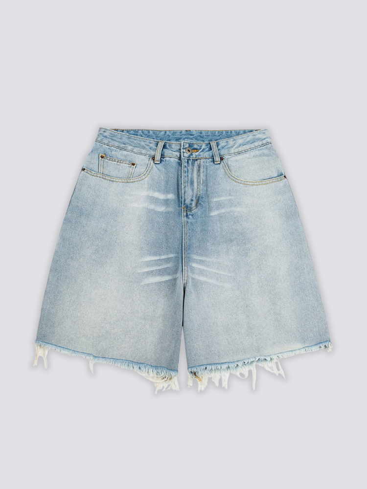 Light Wash Cut Off Denim Shorts 'Kirippa' – flat lay front view of the light wash cut off denim shorts