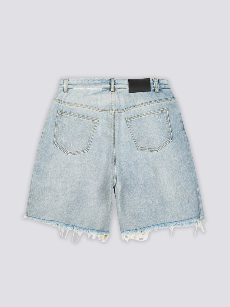 Light Wash Cut Off Denim Shorts 'Kirippa' – flat lay back view of the light wash cut off denim shorts