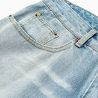 Light Wash Cut Off Denim Shorts 'Kirippa' – close-up detail of the light wash waistband and pocket