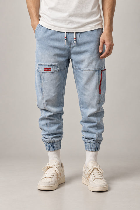Light Wash Denim Joggers 'Usuai' – light wash denim joggers with cargo pocket and cuffed hem, Japanese streetwear jeans, front view on model